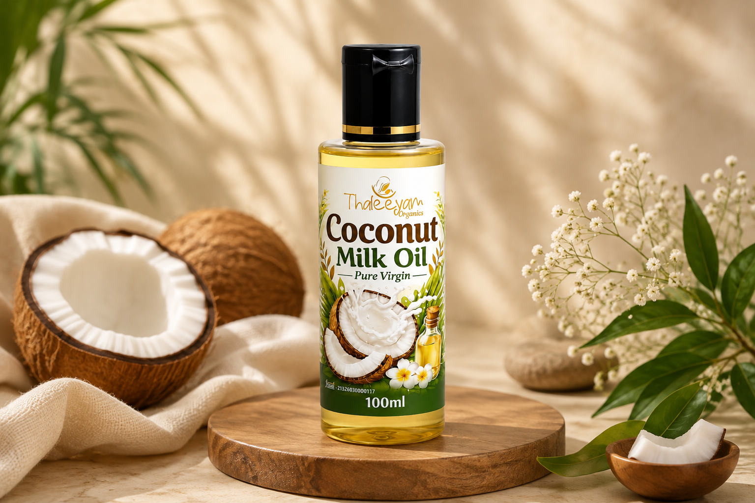 Thaleeyam Organics Pure Virgin Coconut Milk Oil 100ml bottle on a wooden slice with coconut and flowers