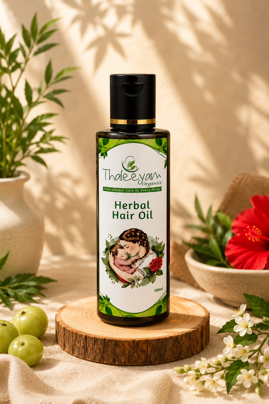 Thaleeyam Organics Herbal Hair Oil 100ml bottle on a wooden slice with amla, hibiscus and jasmine